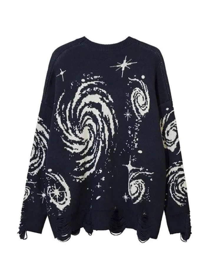 LANFUBEISI - Swirl Print Ripped Design Sweater