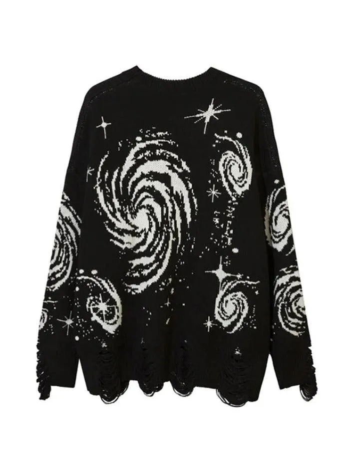 LANFUBEISI - Swirl Print Ripped Design Sweater