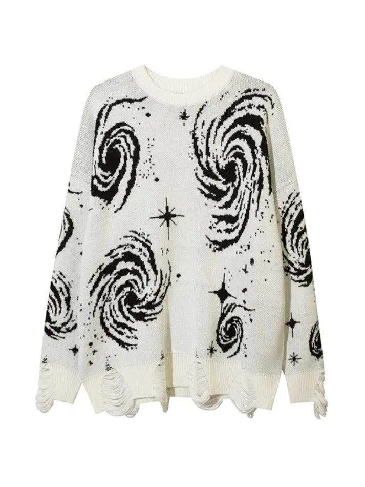 LANFUBEISI - Swirl Print Ripped Design Sweater