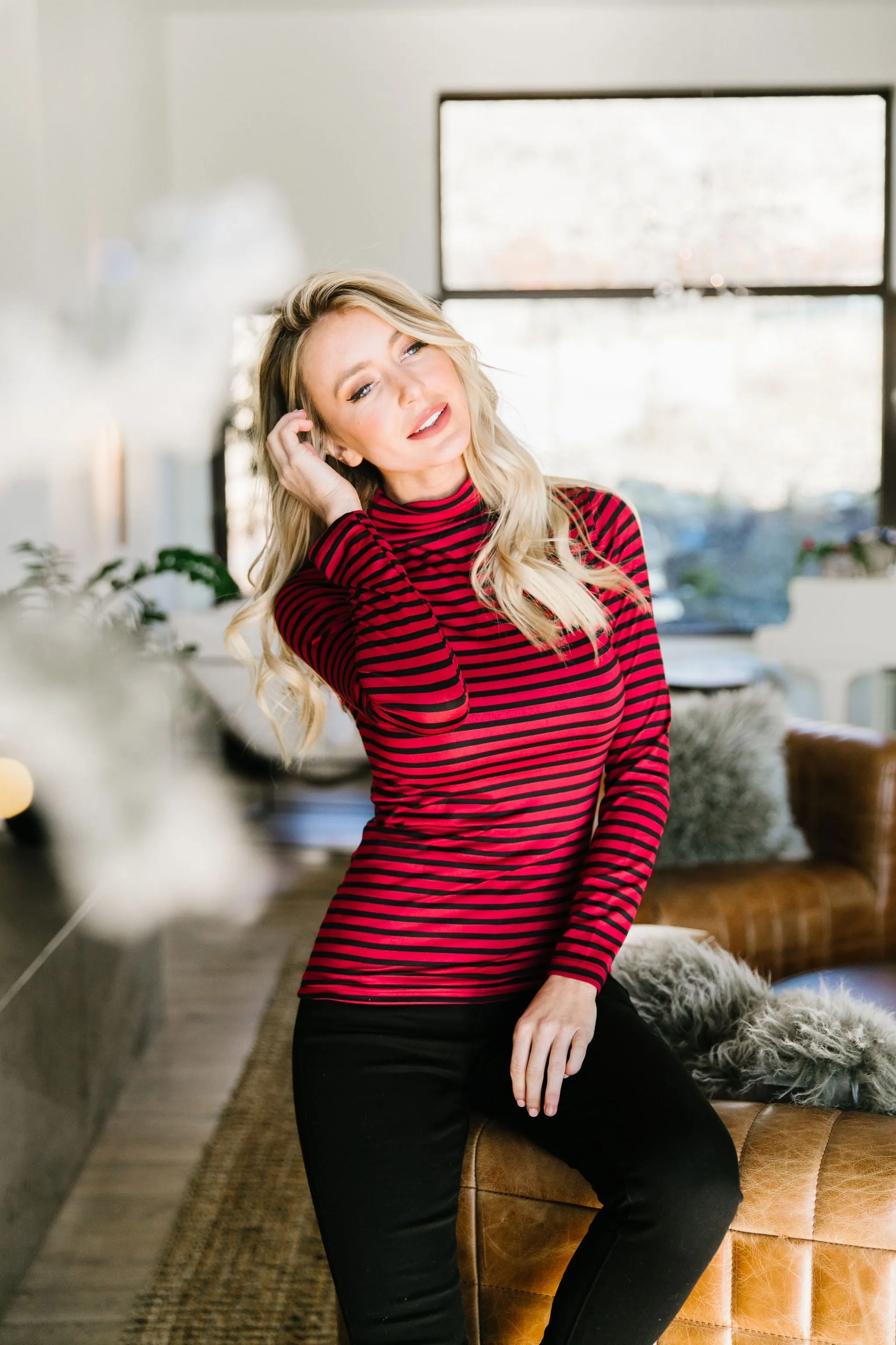 Layer Away Striped Turtleneck In Red