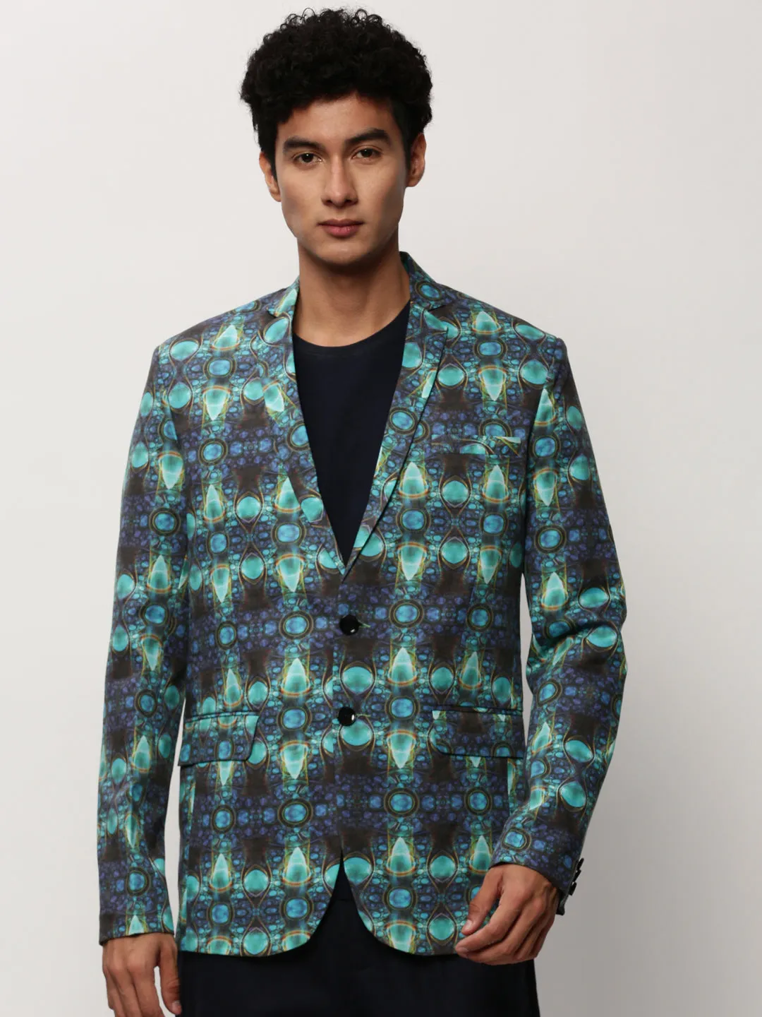 Men Blue Printed Casual Blazers