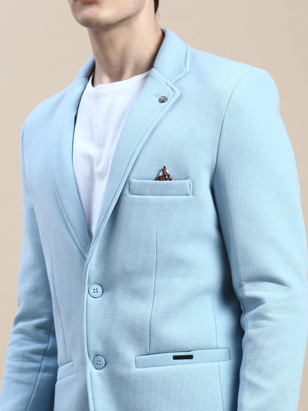 Men Blue Solid Casual Blazers