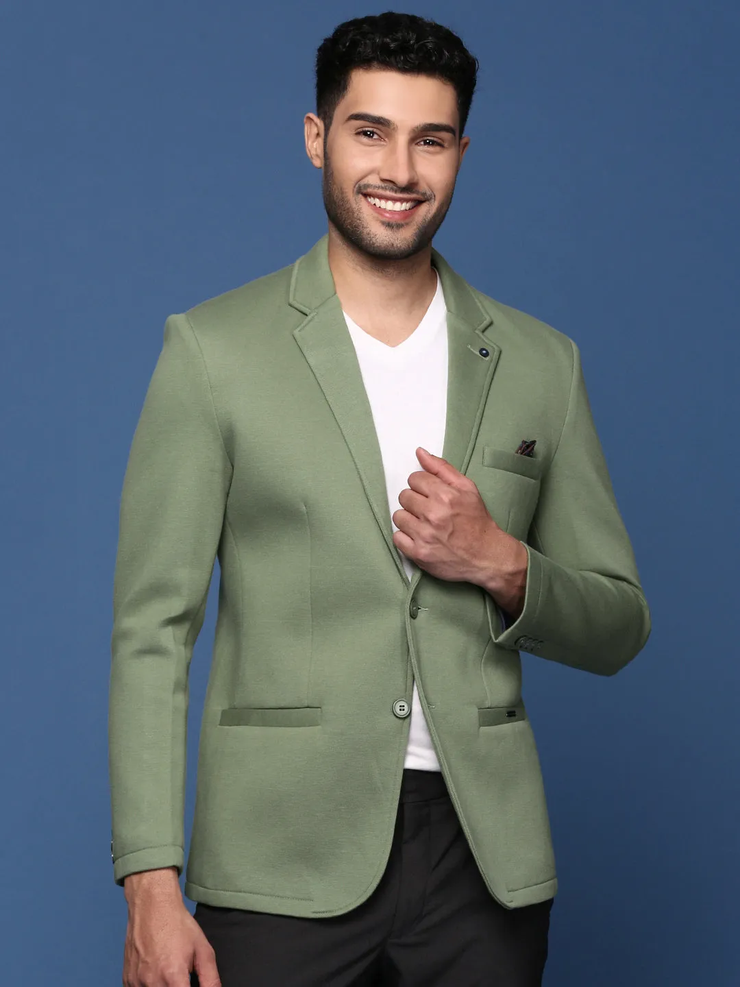 Men Green Slim Fit Single Breasted Blazer