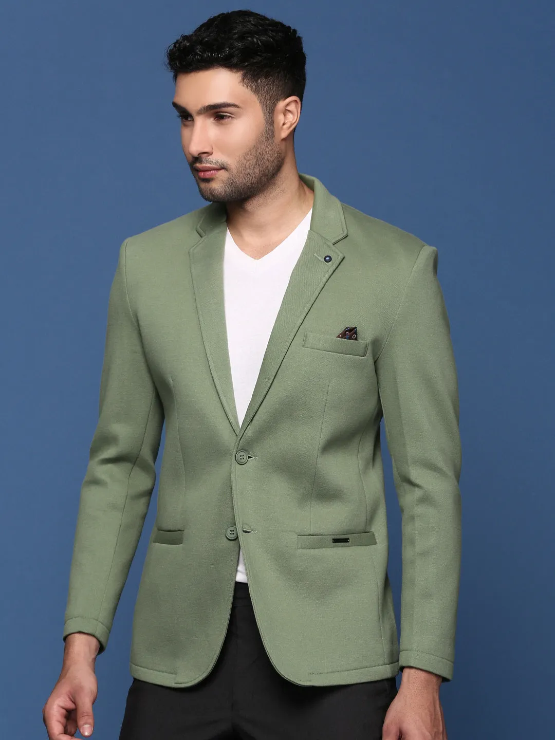 Men Green Slim Fit Single Breasted Blazer