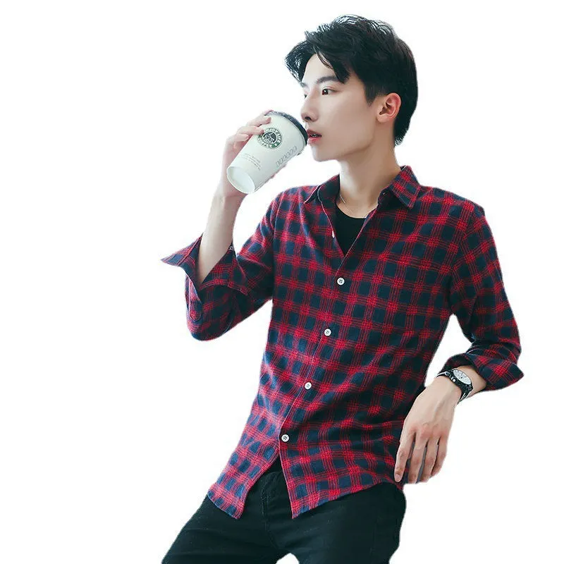 Men Long Sleeved Shirt Teens Trendy Chequered Korean Slim Look All-Matching Men Shirt