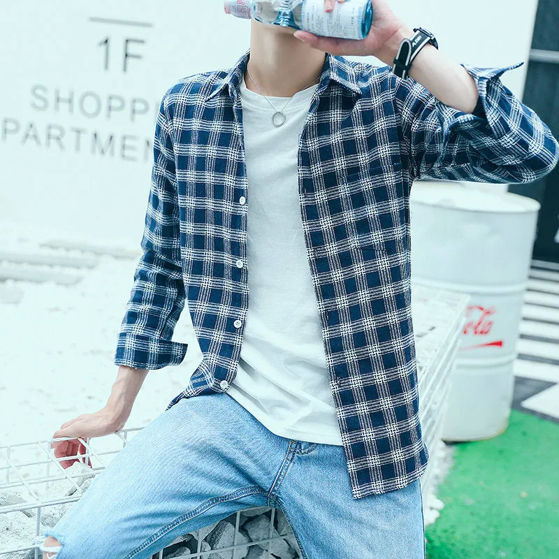 Men Long Sleeved Shirt Teens Trendy Chequered Korean Slim Look All-Matching Men Shirt