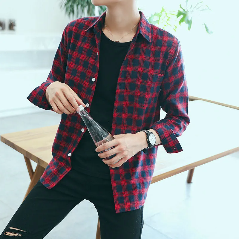 Men Long Sleeved Shirt Teens Trendy Chequered Korean Slim Look All-Matching Men Shirt