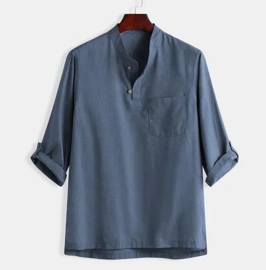 Men Trendy Solid Colored Pocket Cotton Blend Three Quarter Tops Shirt Men Shirt