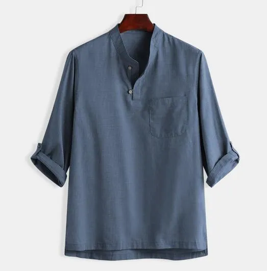 Men Trendy Solid Colored Pocket Cotton Blend Three Quarter Tops Shirt Men Shirt