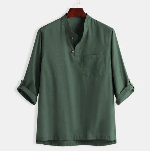 Men Trendy Solid Colored Pocket Cotton Blend Three Quarter Tops Shirt Men Shirt