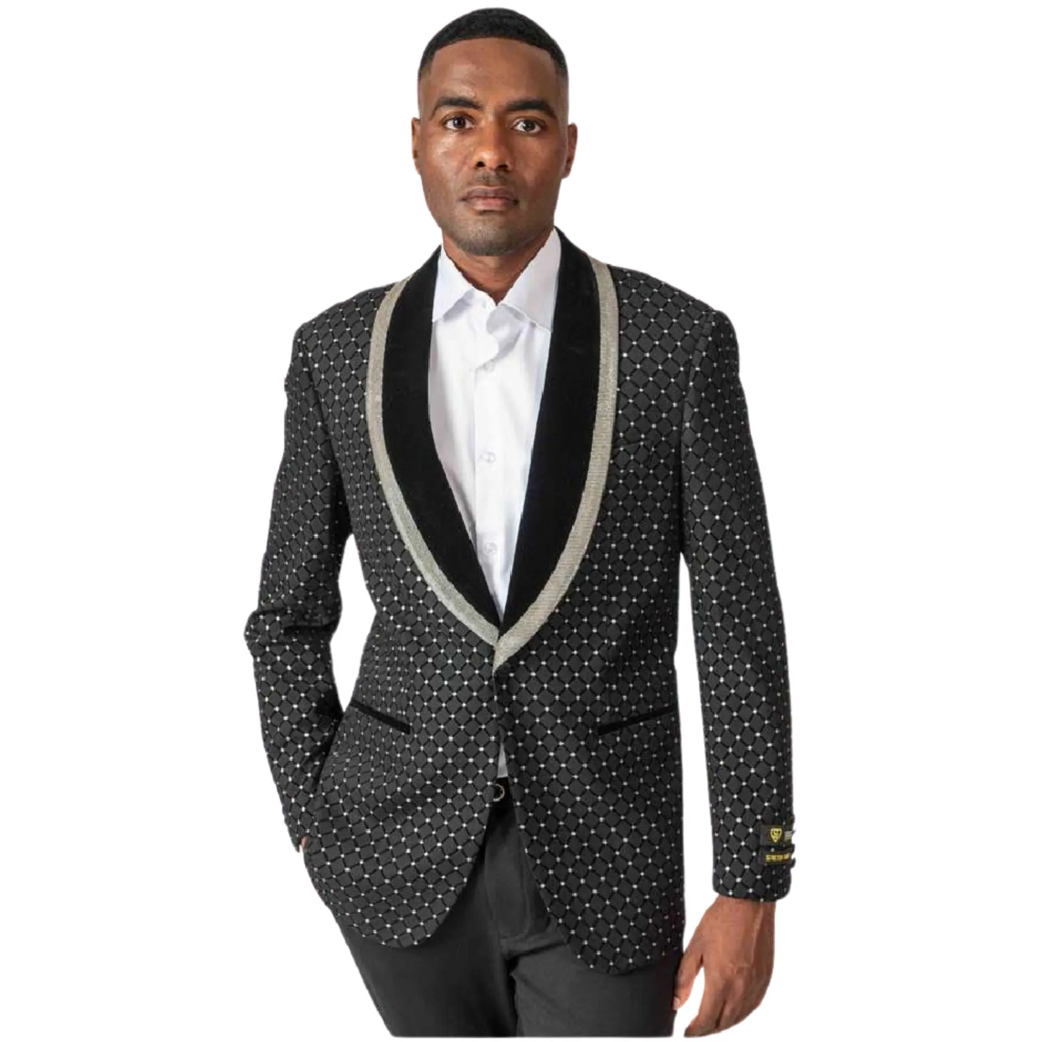 Men’s Black Diamond Pattern Tuxedo Blazer – Luxury Prom & Wedding Jacket