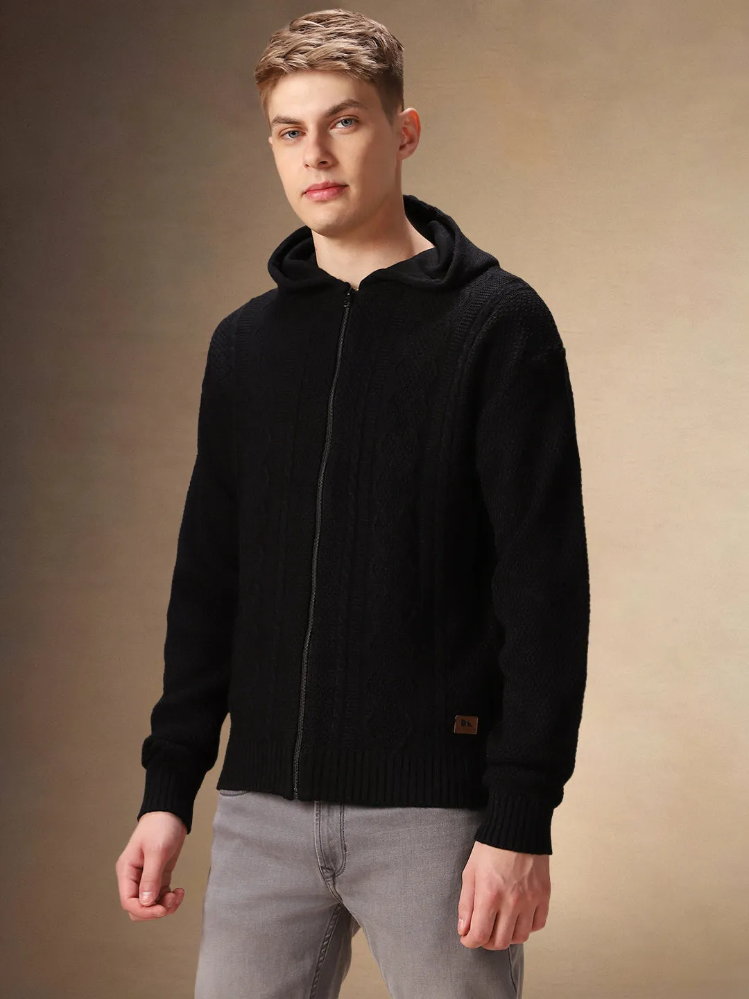 Men's Black Self Design Full Sleeves Hooded Cardigan Sweater