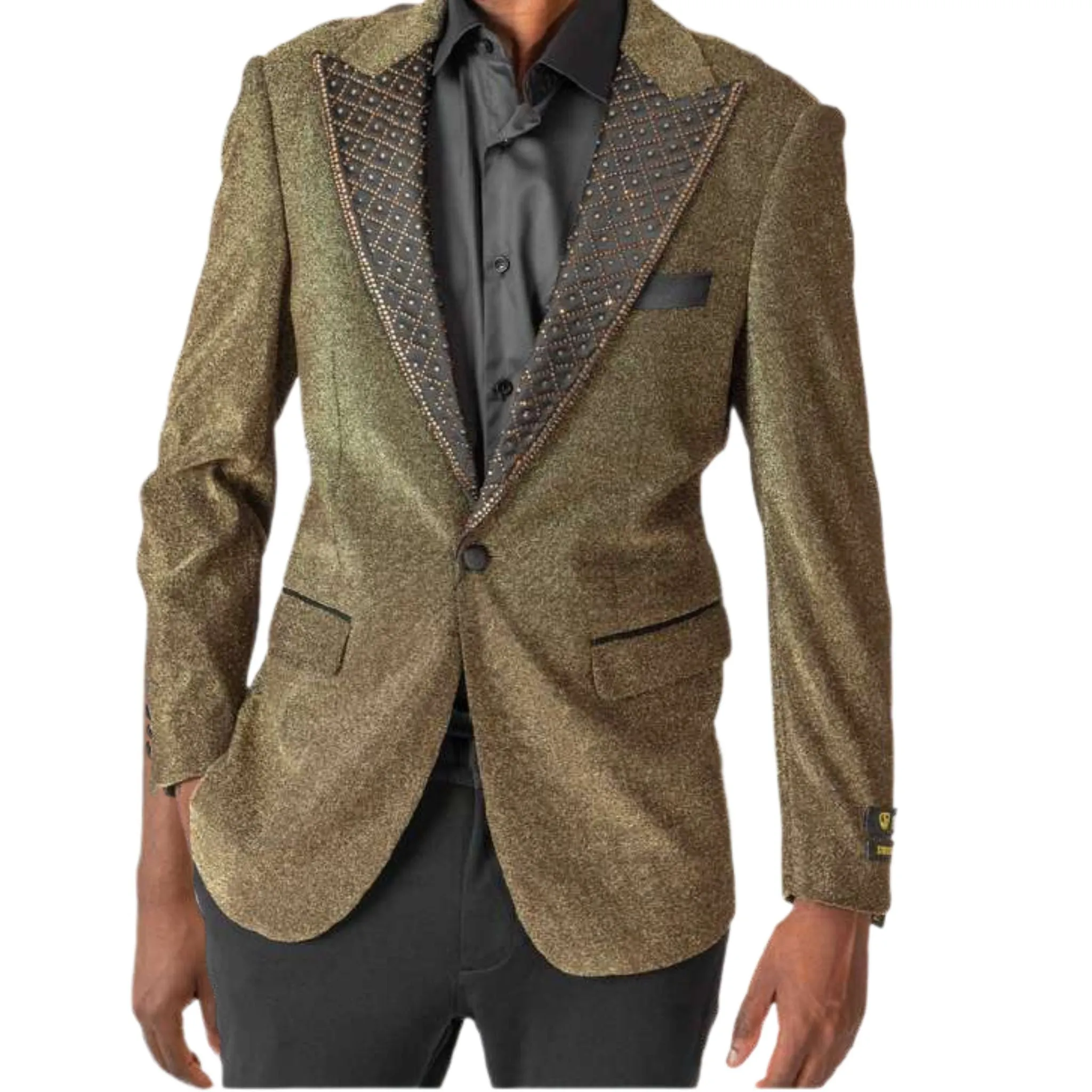 Men’s Gold Glitter Tuxedo Blazer with Embellished Lapel – Prom 2025