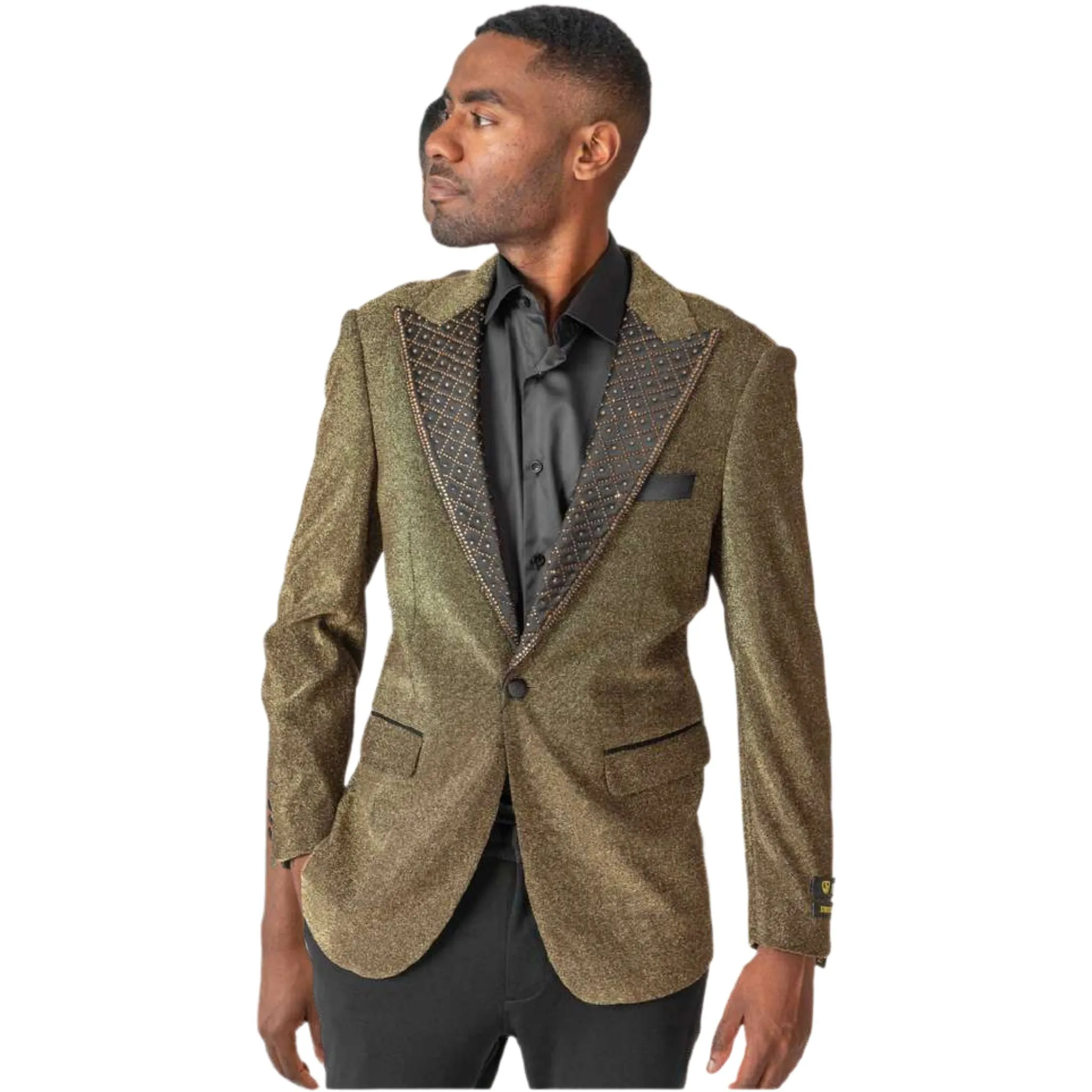 Men’s Gold Glitter Tuxedo Blazer with Embellished Lapel – Prom 2025