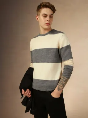 Men's Grey Crew Neck Full Sleeves Slim Fit Pullover Sweater