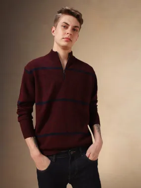 Men's Maroon Striped Mock Collar Full Sleeves Pullover Sweater