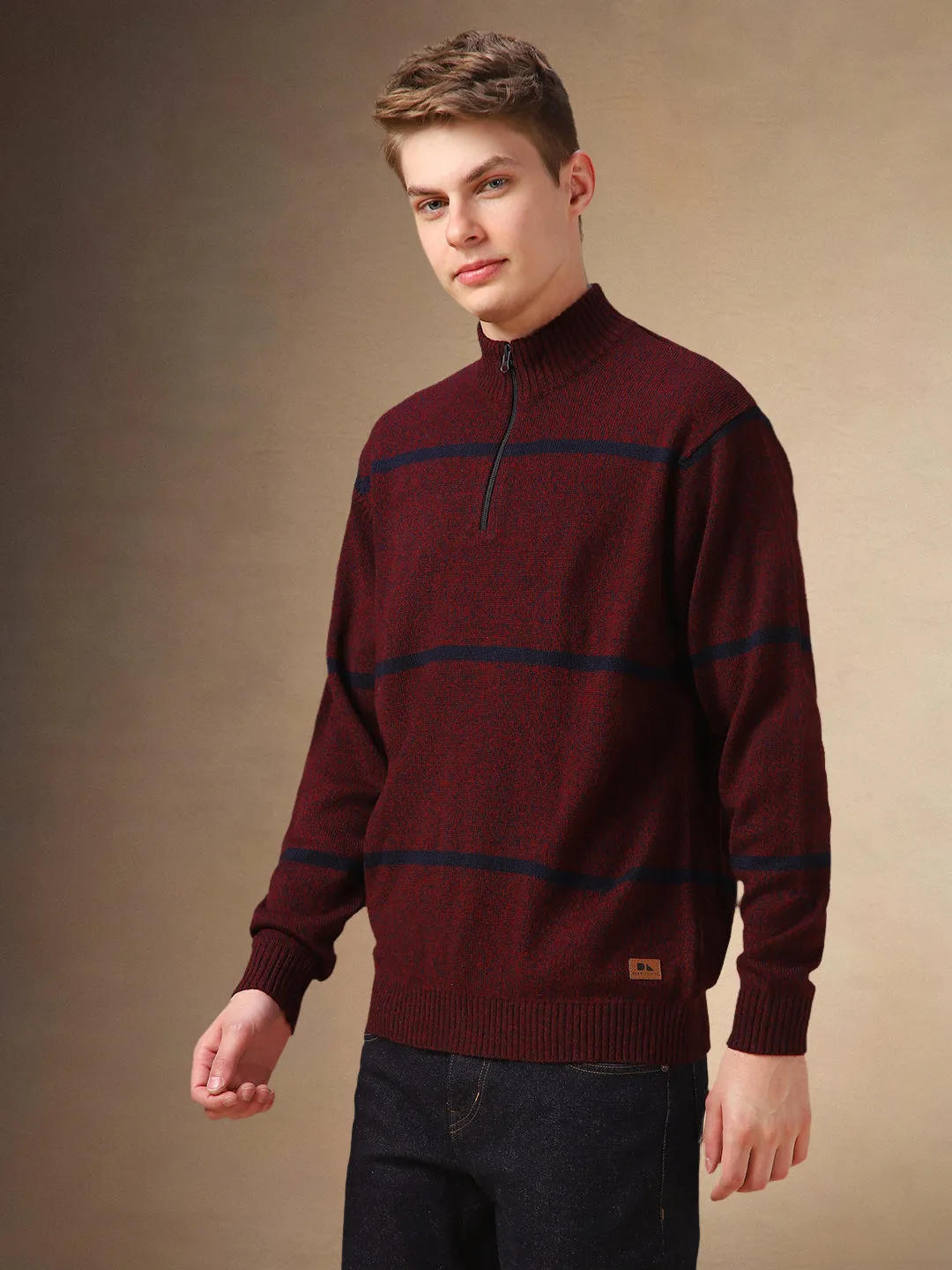 Men's Maroon Striped Mock Collar Full Sleeves Pullover Sweater