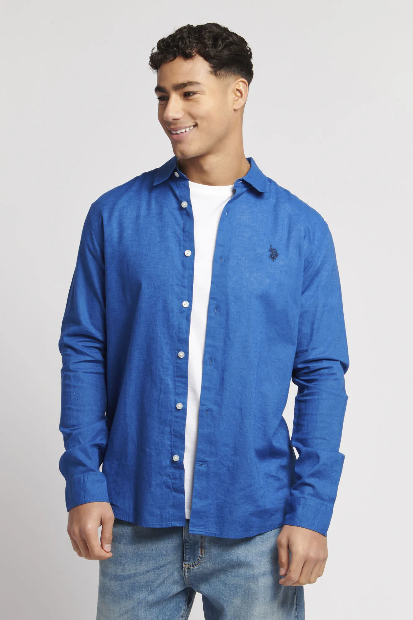 Mens Relaxed Linen Blend Long Sleeve Shirt in Deja Vu Blue