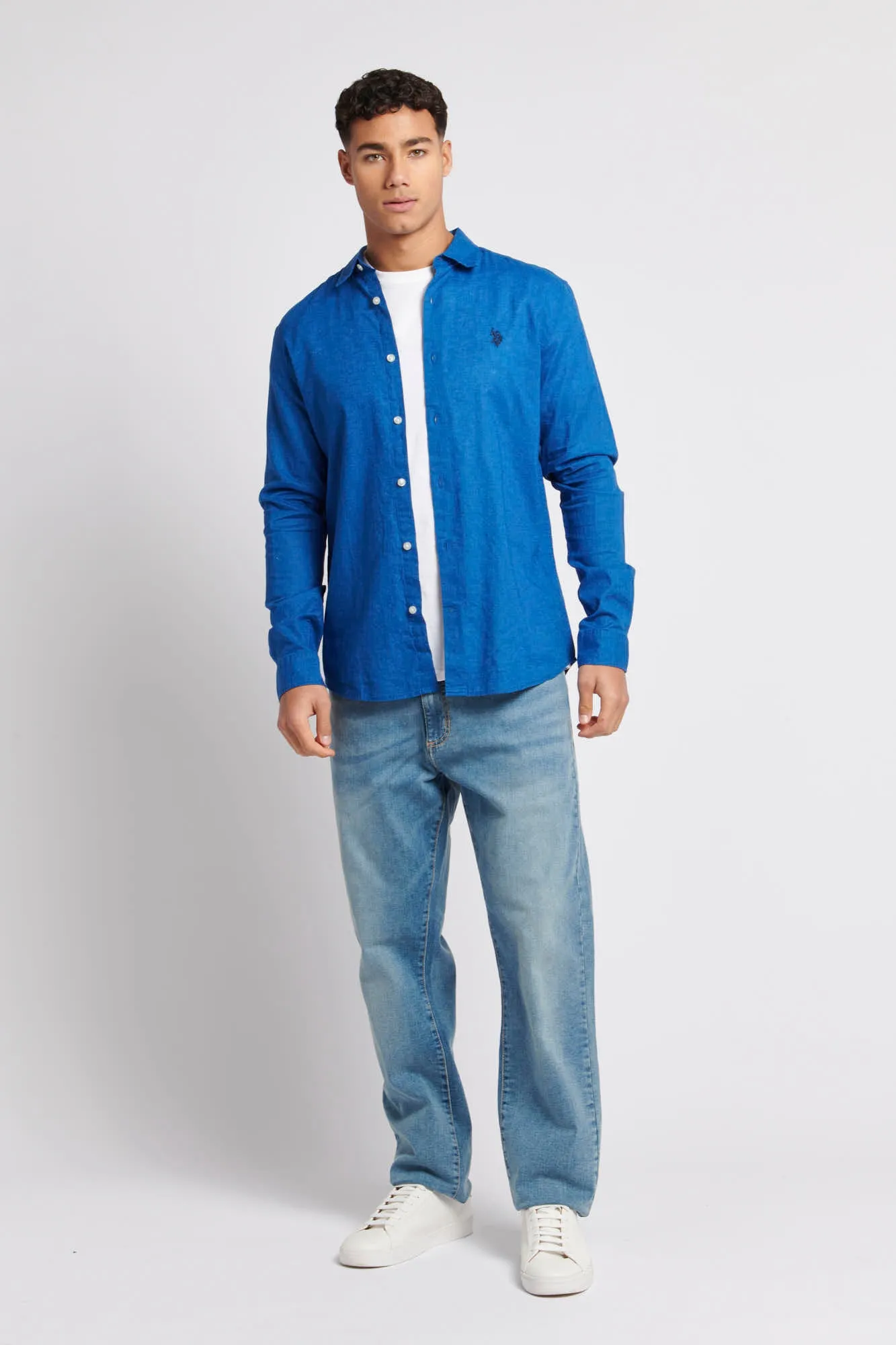 Mens Relaxed Linen Blend Long Sleeve Shirt in Deja Vu Blue