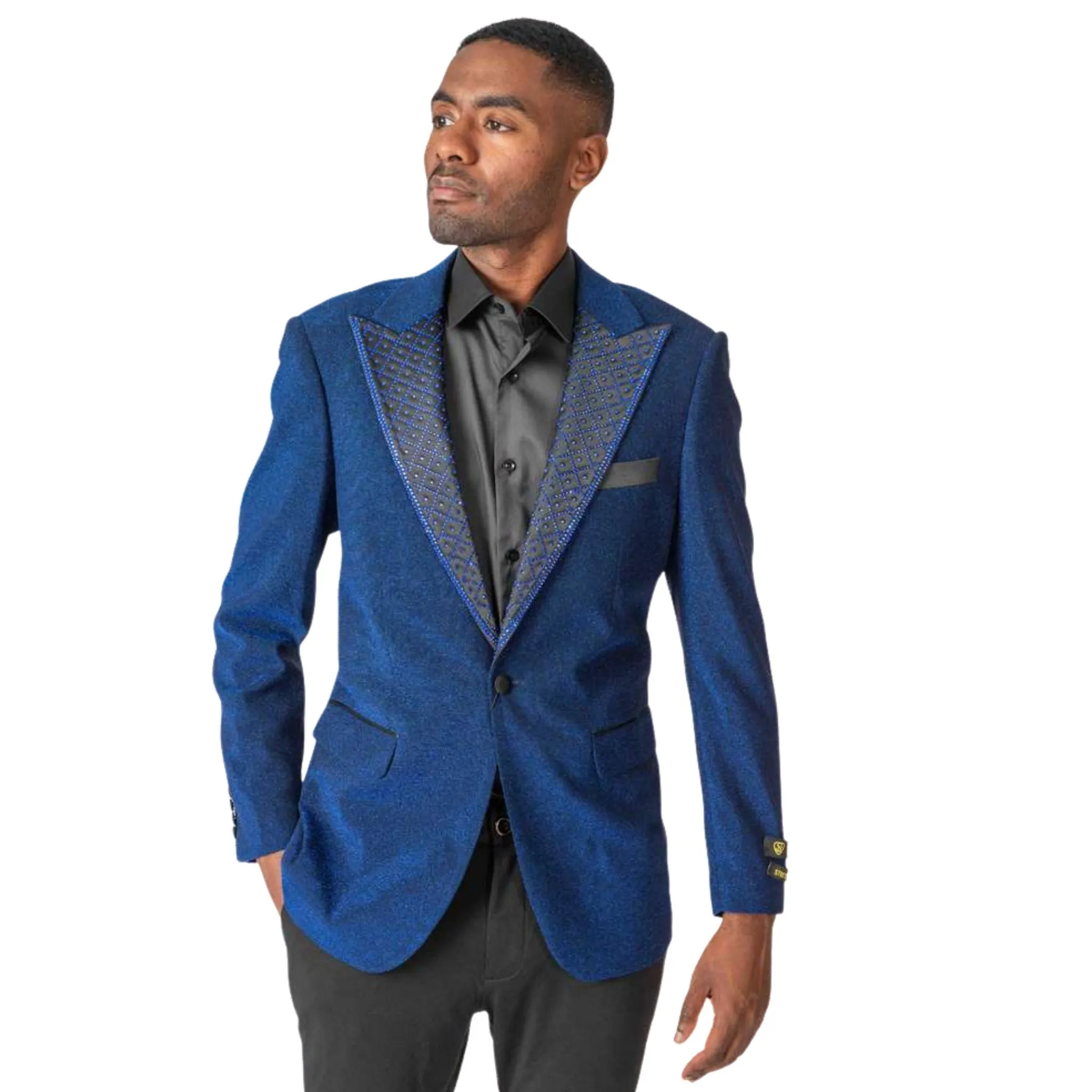 Men’s Royal Blue Embellished Lapel Tuxedo Blazer – Prom & Wedding