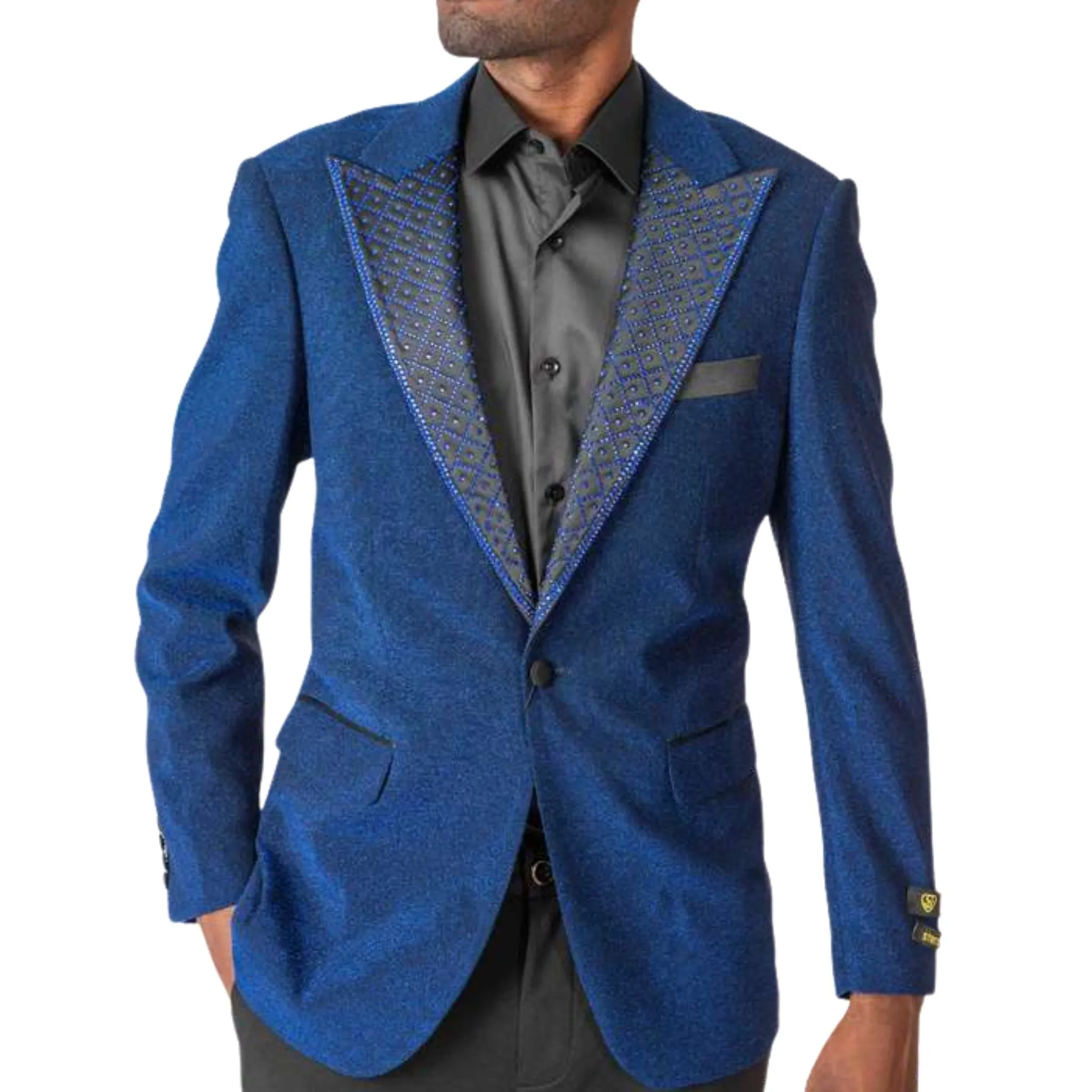 Men’s Royal Blue Embellished Lapel Tuxedo Blazer – Prom & Wedding