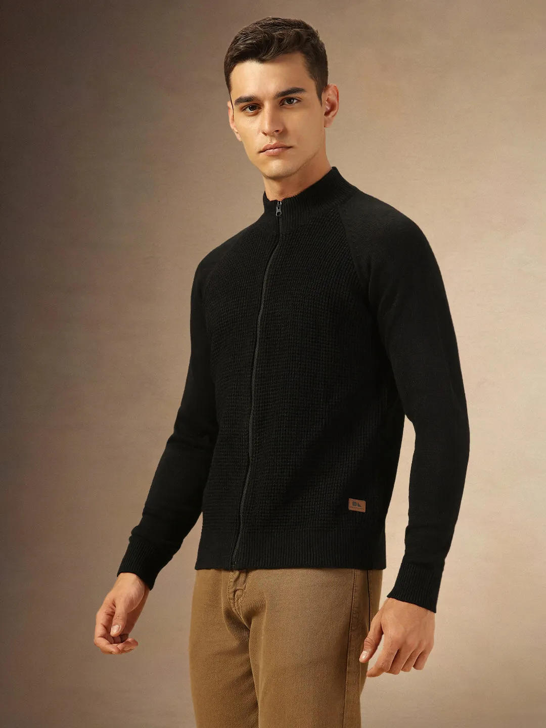 Men's Solid Black Full Sleeves High Neck Front-Open sweater