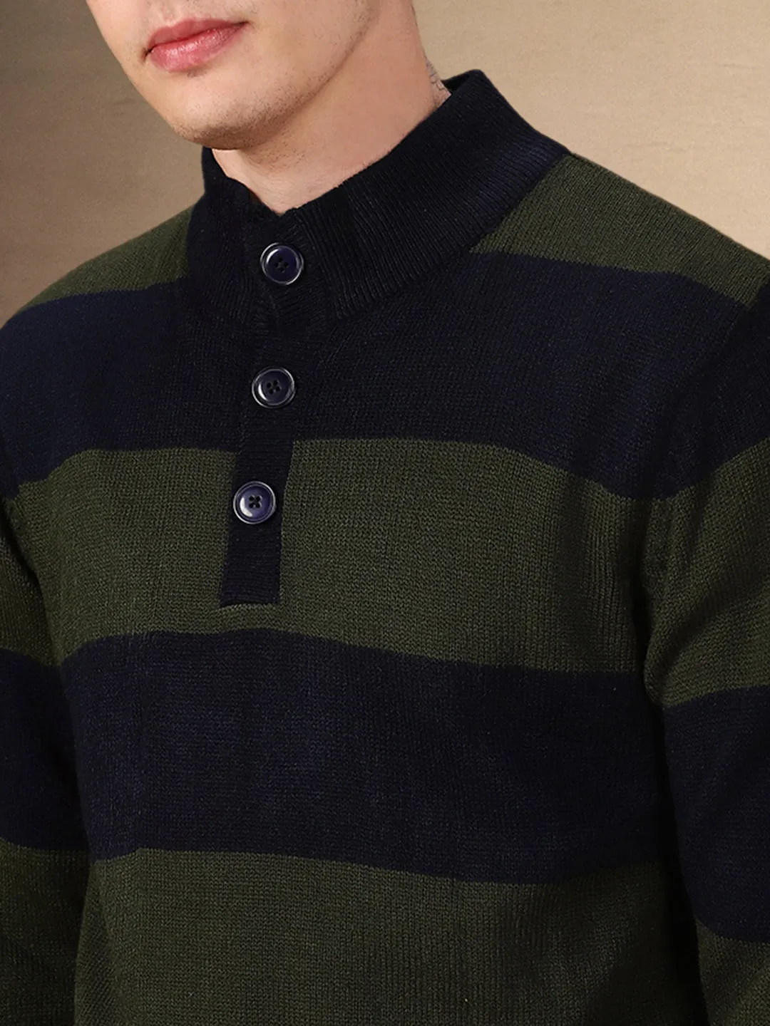 Men's Striped Mock Neck Full Sleeves Regular Fit Sweater