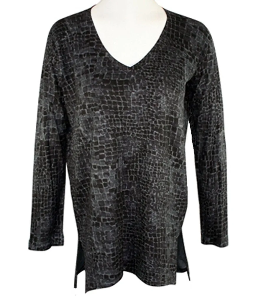 Nally & Millie- Tiled Blocks, V-Neck Long Sleeve Hi-Low Geometric Print Tunic