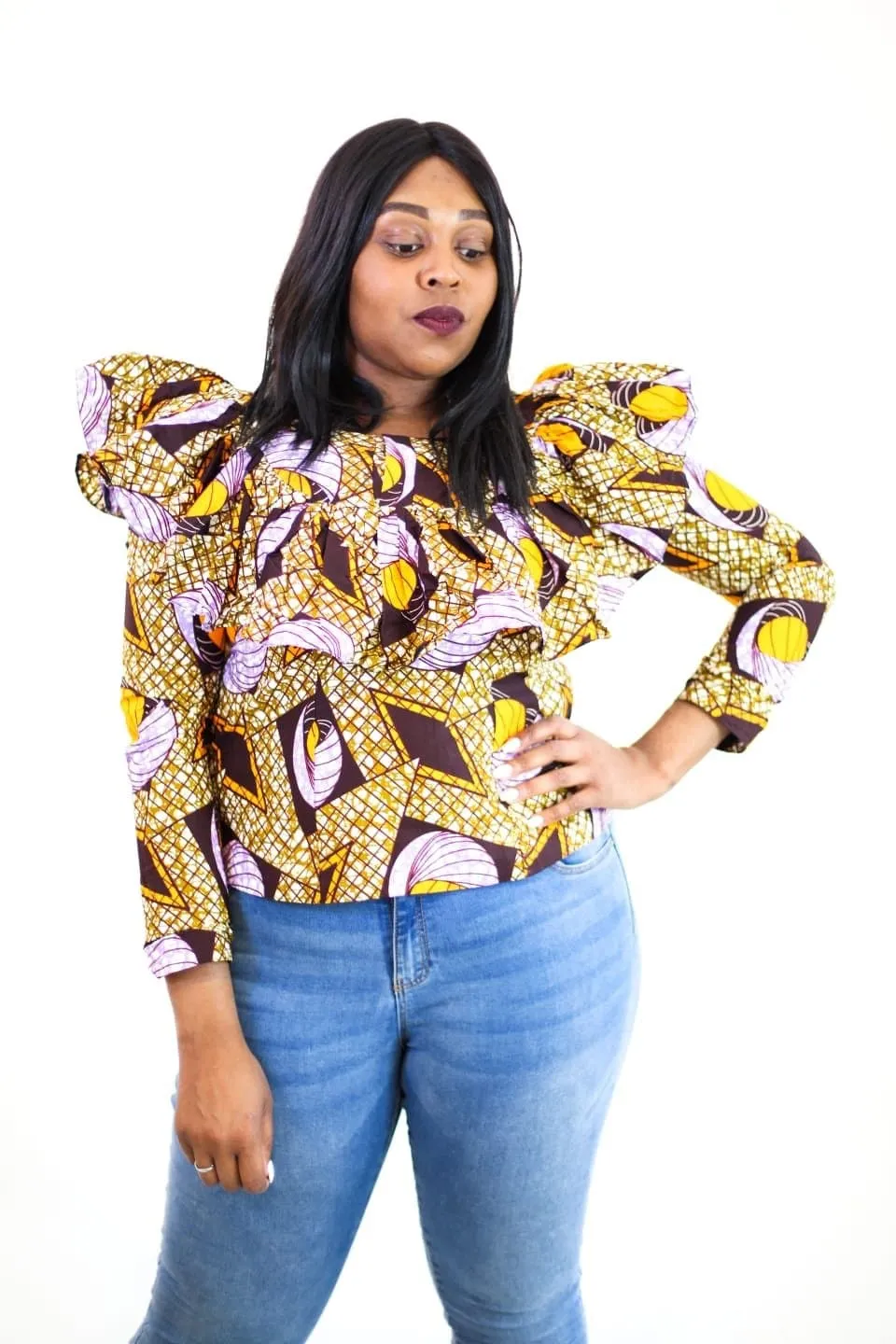 New in Ankara Wax Print Long Sleeve Ruffle Top