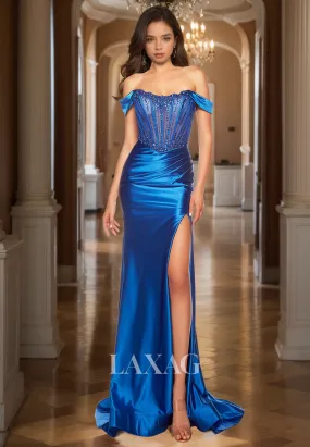 Off-Shoulder Sleeveless Scoop-Neck Formal Gowns Beaded Pleated High Slit Mermaid Prom Dress