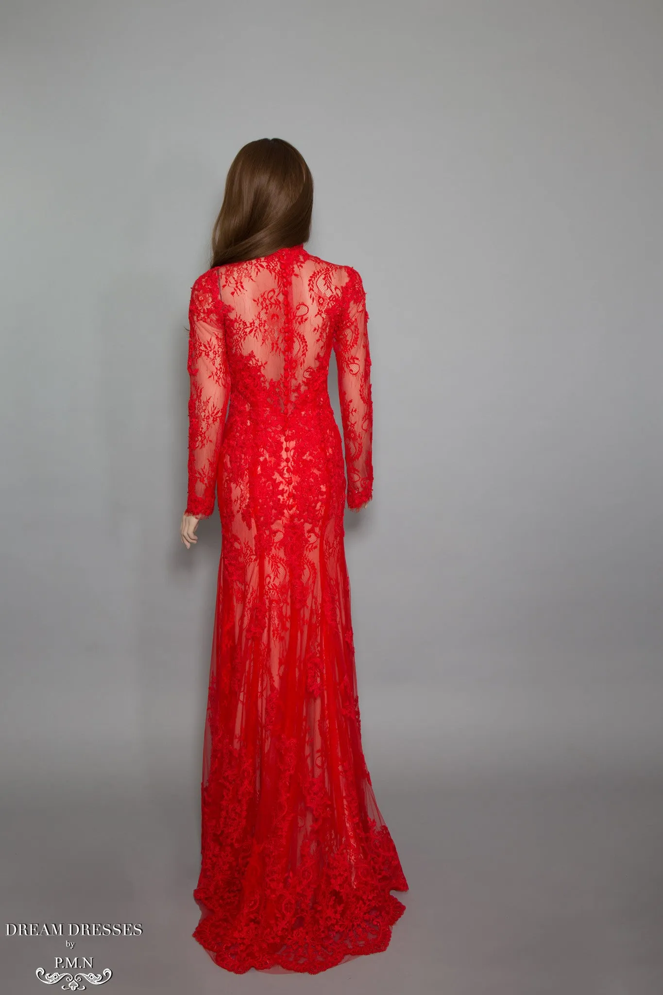 Red Long Sleeve Lace Gown (#Bella)