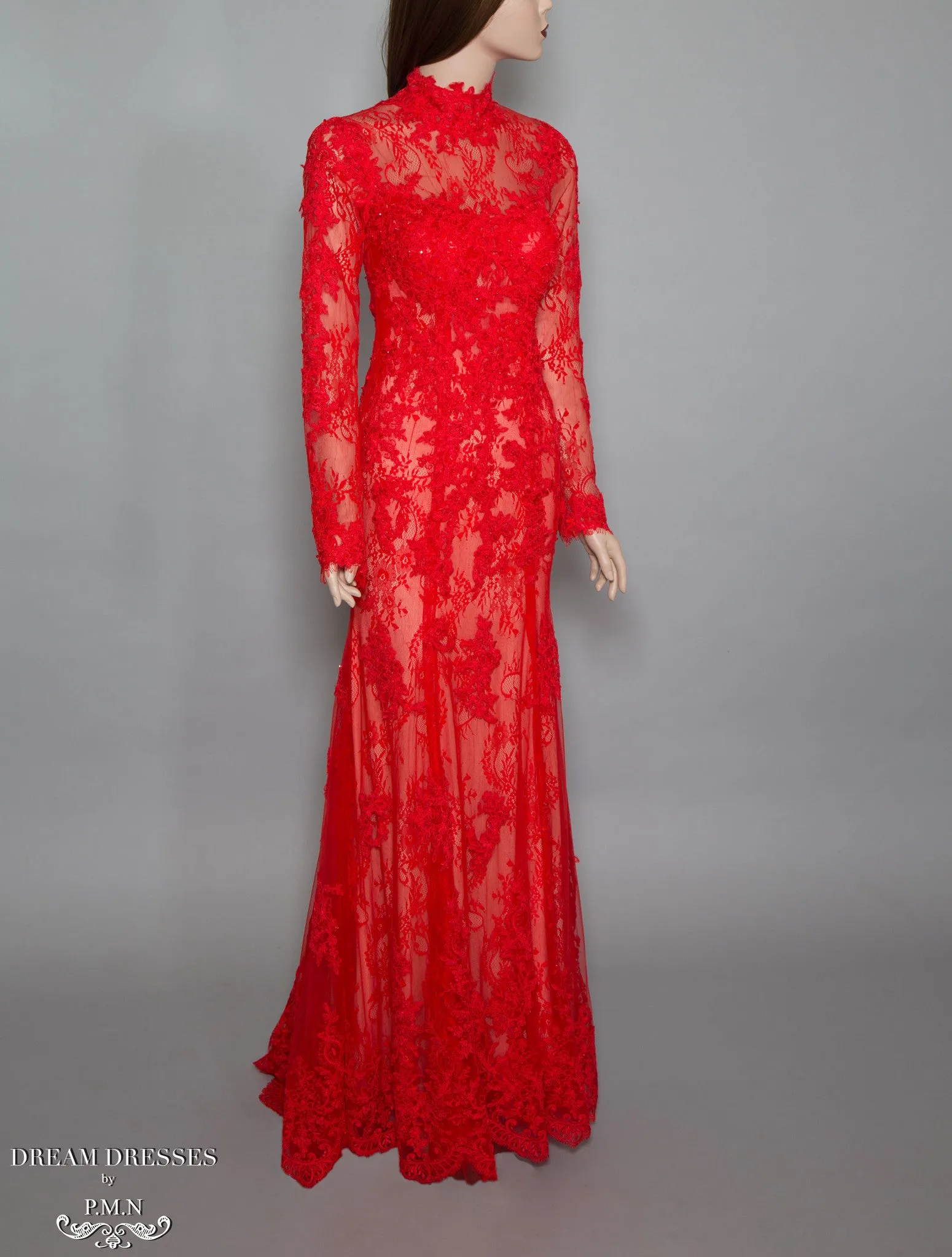 Red Long Sleeve Lace Gown (#Bella)