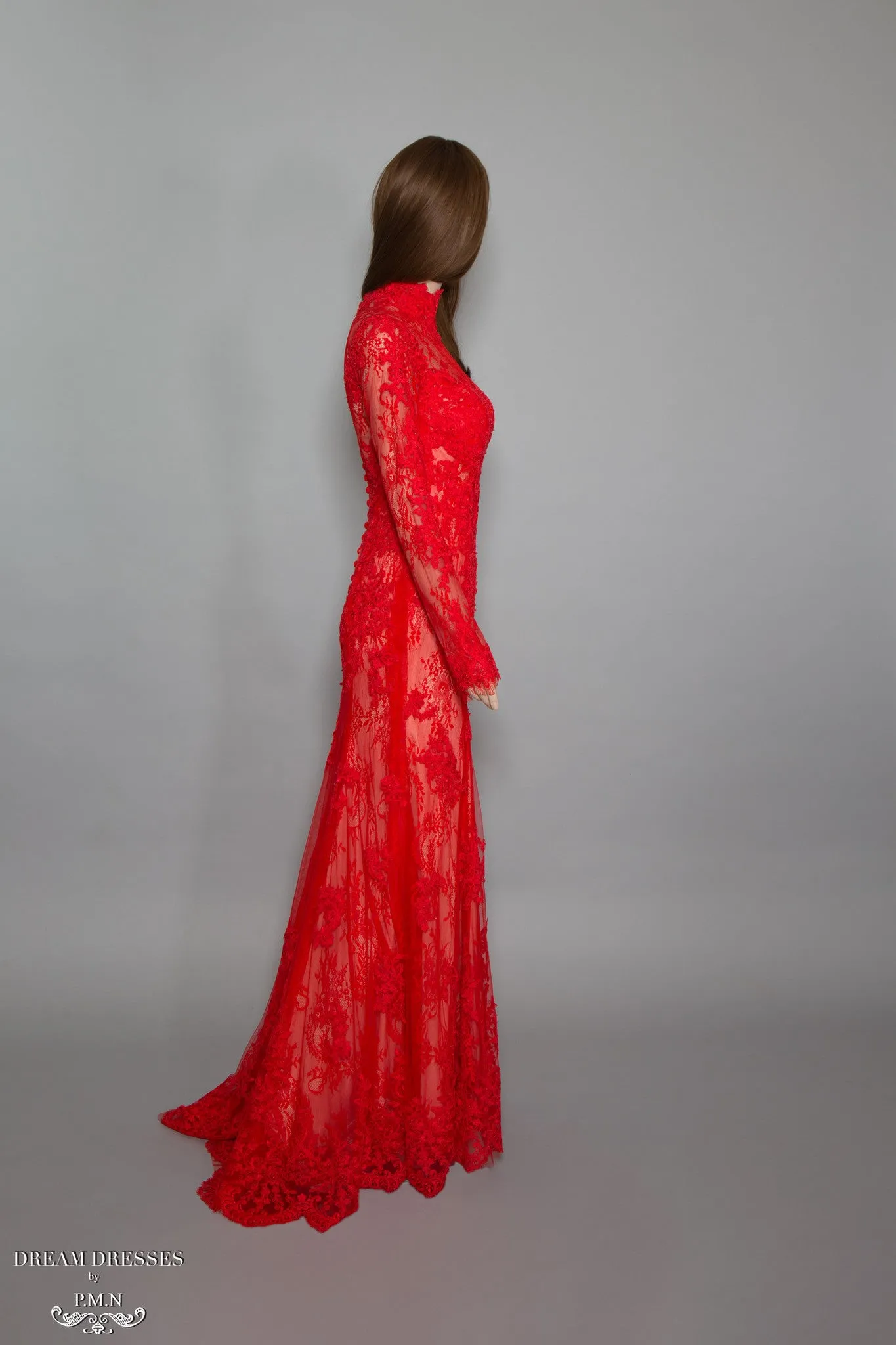 Red Long Sleeve Lace Gown (#Bella)