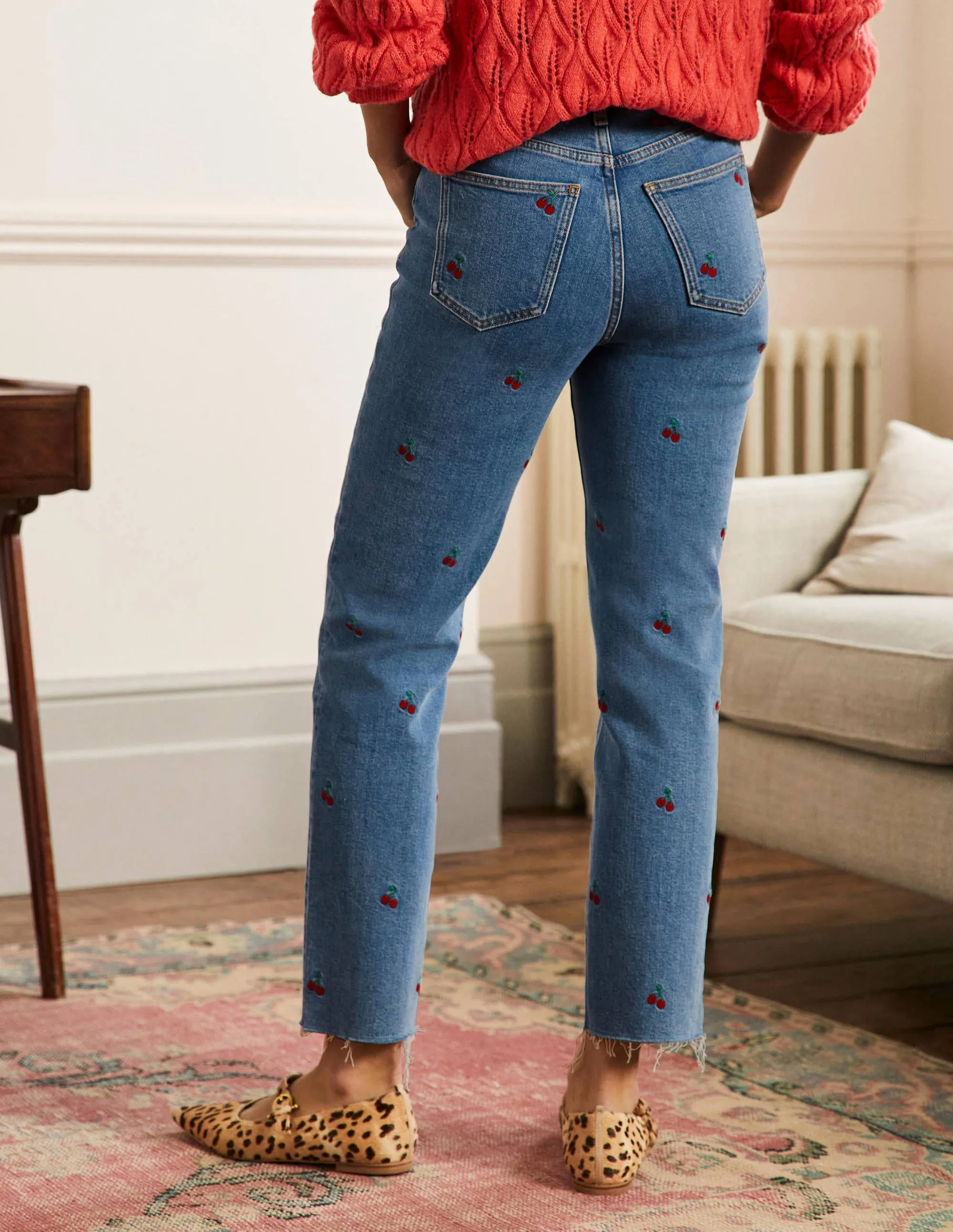 Relaxed Straight Jeans-Cherry Embroidered