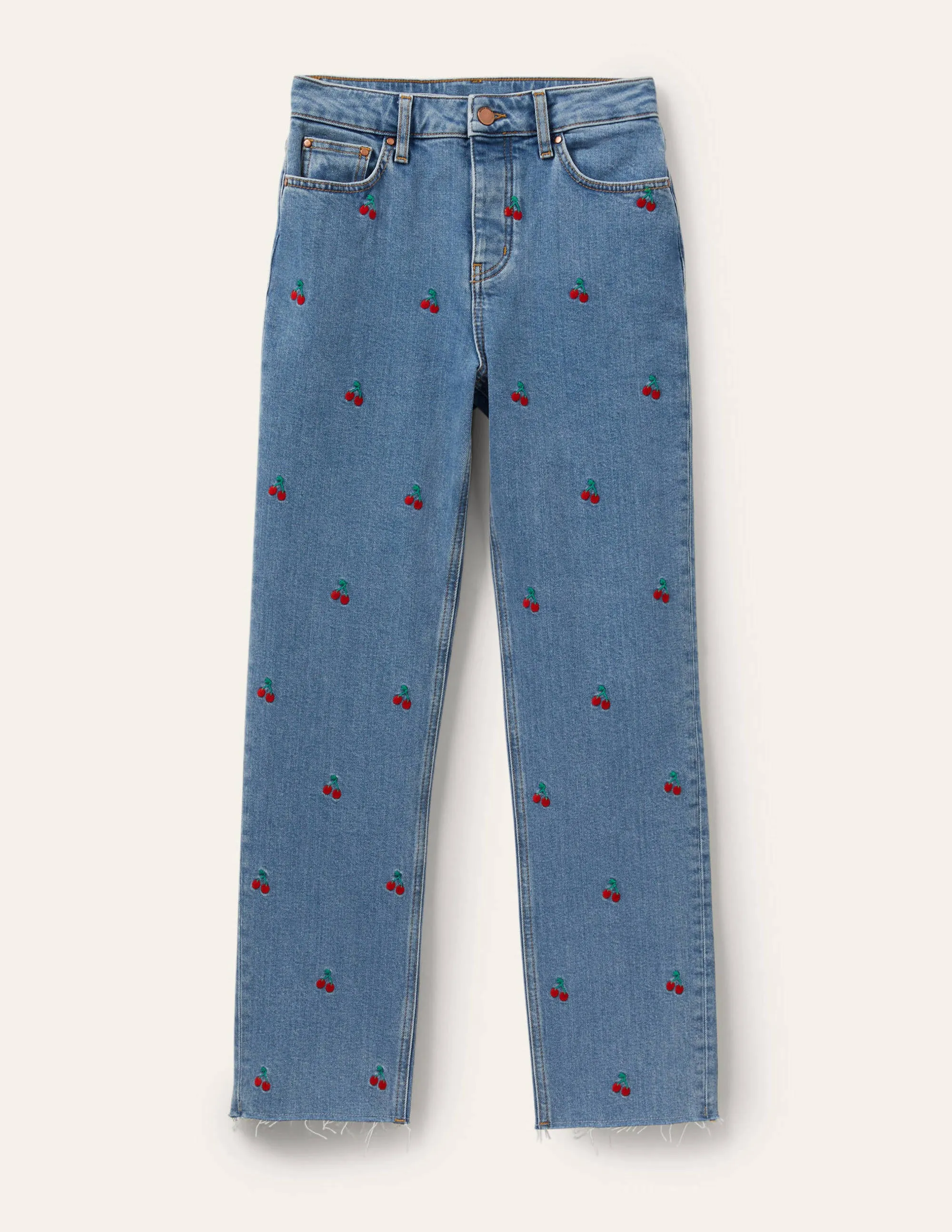 Relaxed Straight Jeans-Cherry Embroidered