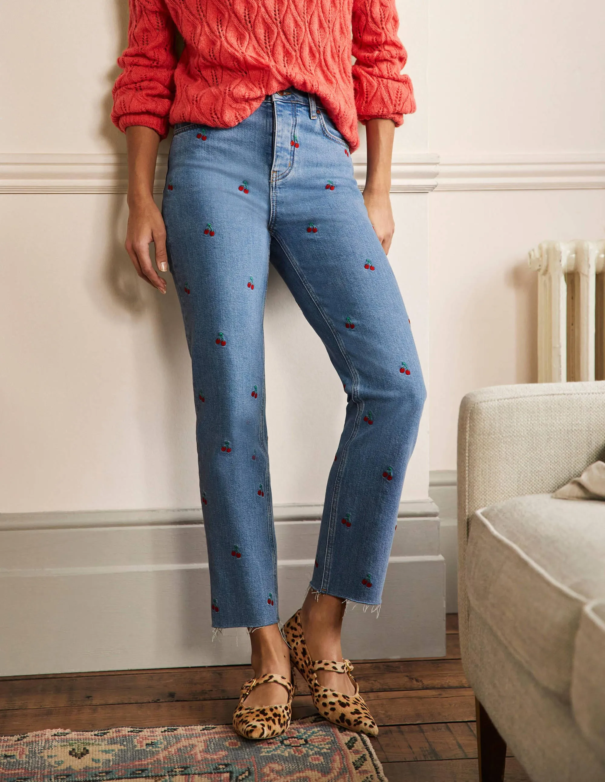 Relaxed Straight Jeans-Cherry Embroidered