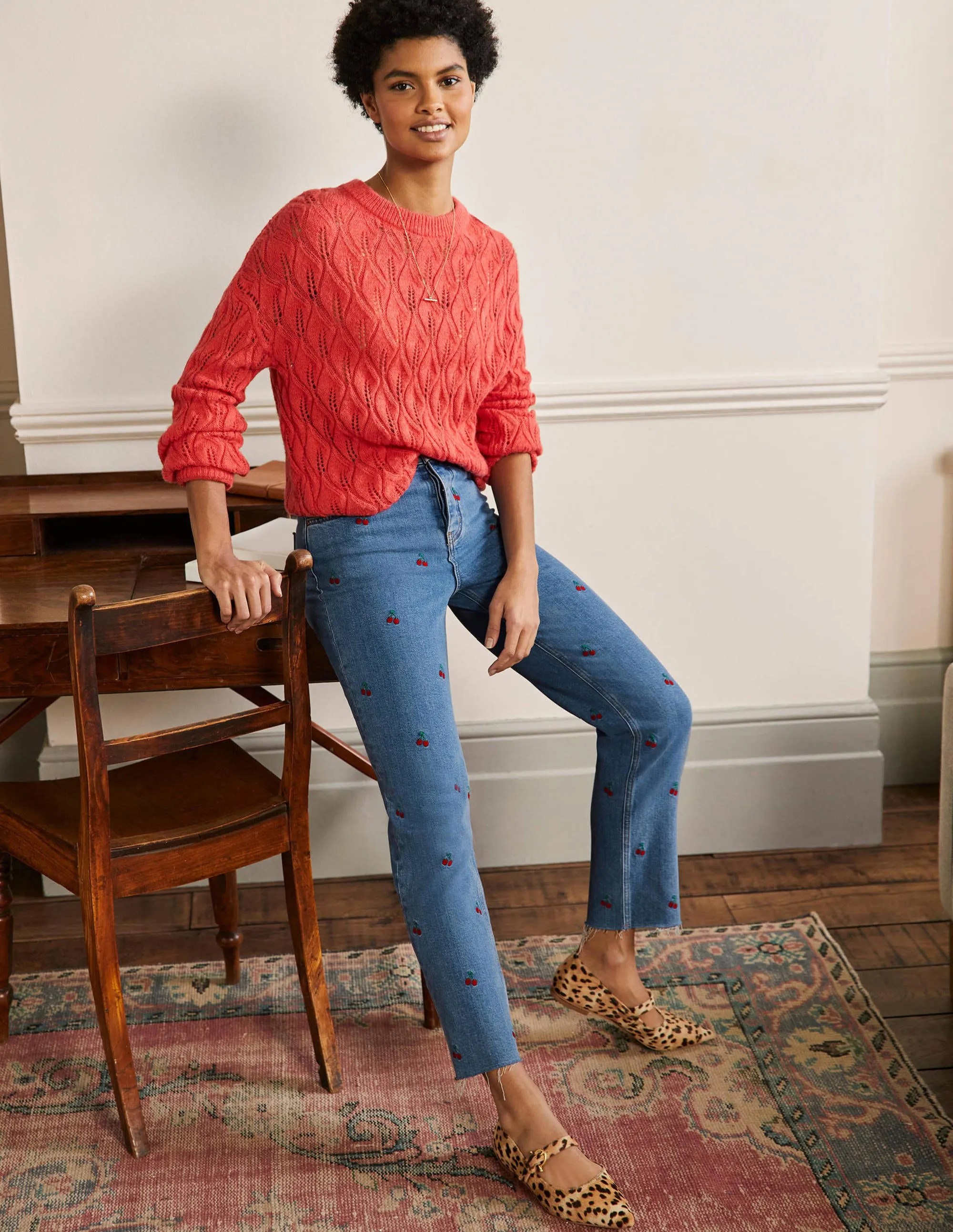 Relaxed Straight Jeans-Cherry Embroidered