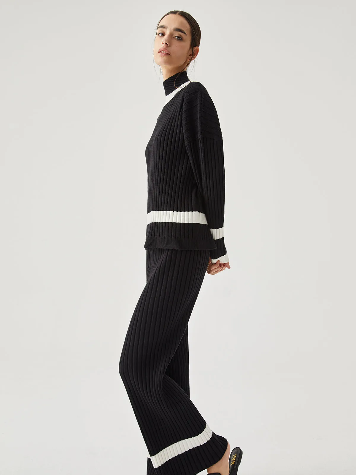 Ribbed Knit Contrast Trendy Trim Sweater Pants