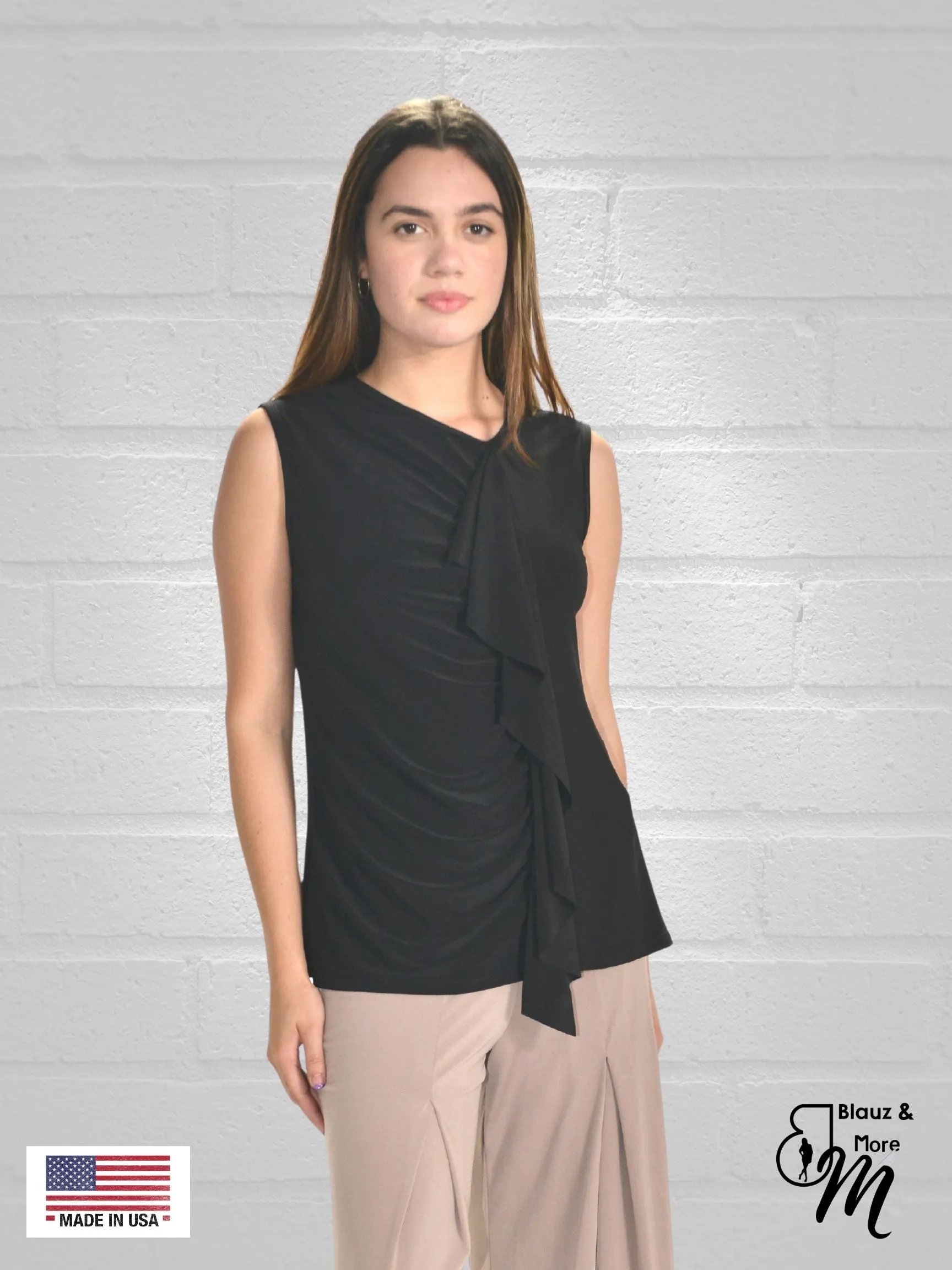 Round neck Ruffle on side sleeveless with rushing Top - T456