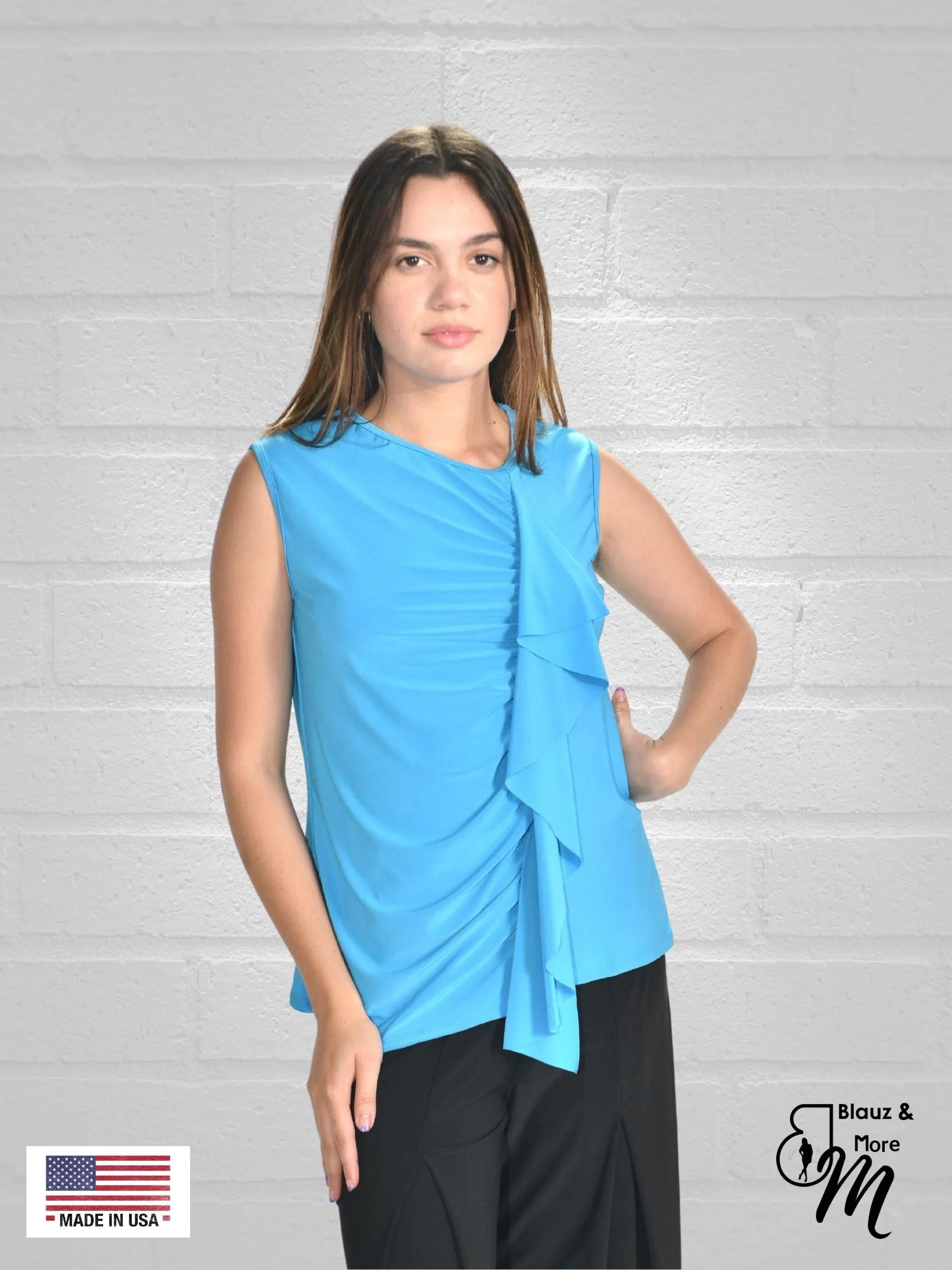 Round neck Ruffle on side sleeveless with rushing Top - T456