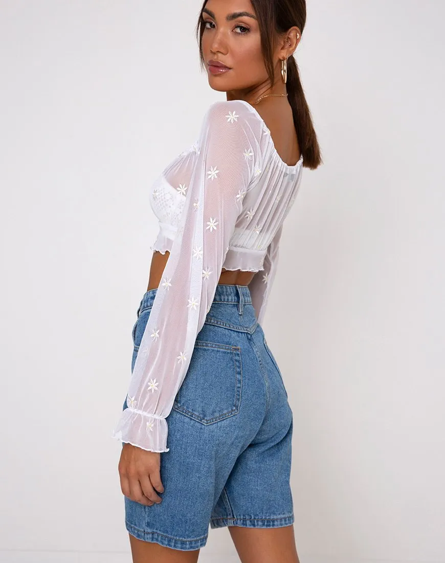 Salima Longsleeve Top in White Daisy Embro White