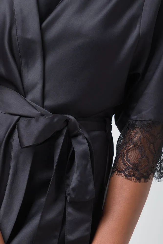 Satin Kimono Sleeve Gown Black