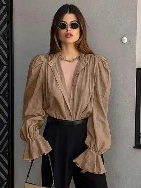 Shirt For Women Khaki Convertible Ruffles Jewel Neck Chic Long Sleeves Polyester Tops