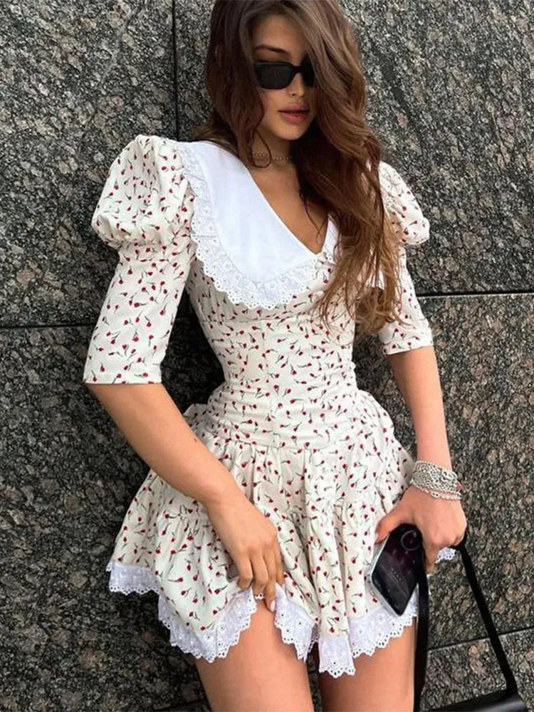 Slim Elegant Luxury Lace Turn Collar Short Sleeve Folds es Femme Party Retro Lady Floral Dress