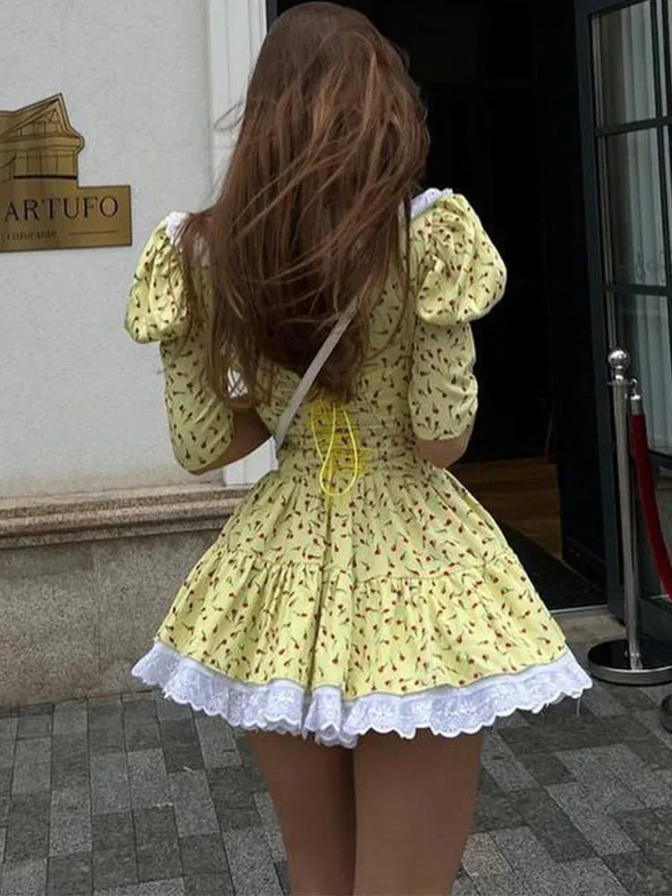 Slim Elegant Luxury Lace Turn Collar Short Sleeve Folds es Femme Party Retro Lady Floral Dress