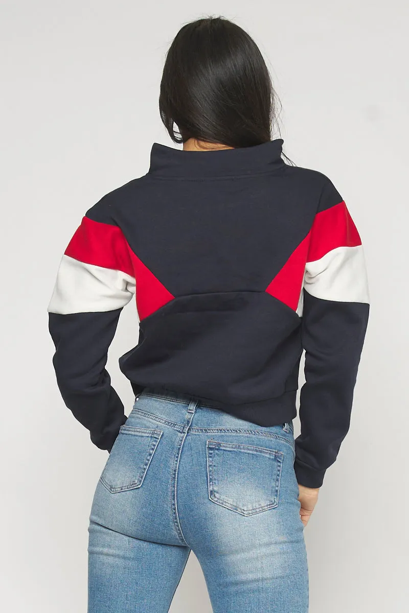 Soft Interior Color Block Half Zip Pullover Sweatshirt in Navy (2331TY)