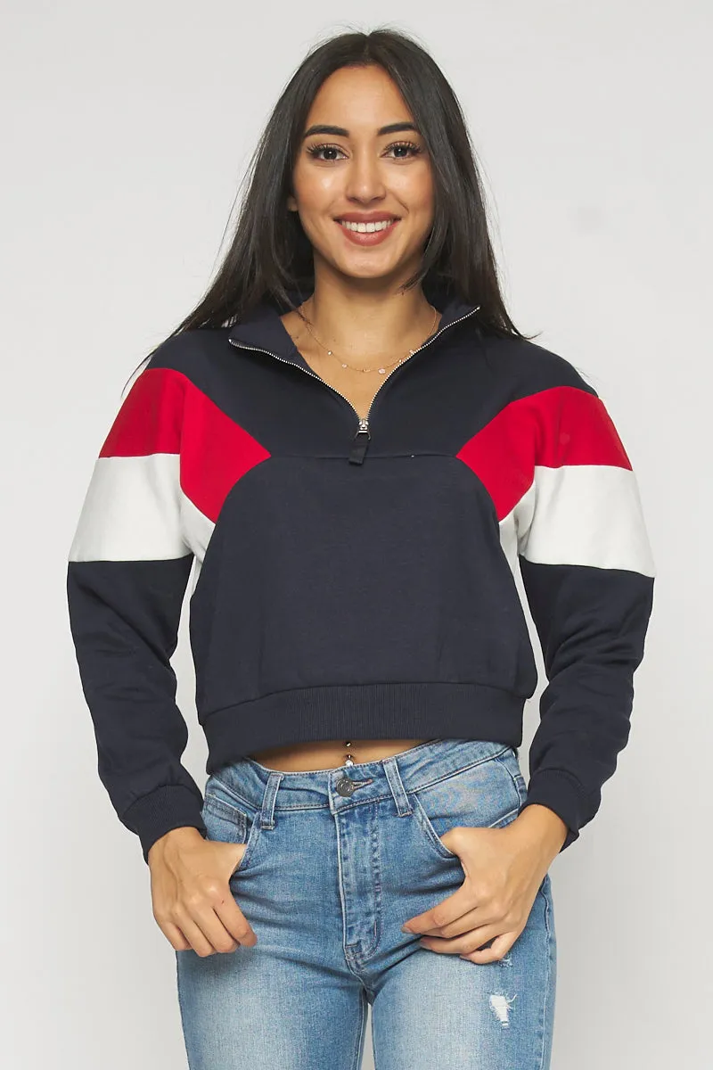 Soft Interior Color Block Half Zip Pullover Sweatshirt in Navy (2331TY)