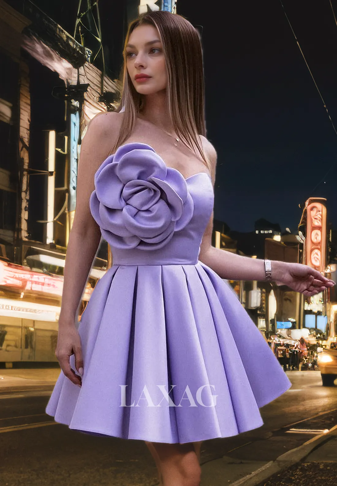 Strapless Floral Embossed Sleek Satin Elegant Party Homecoming Dress