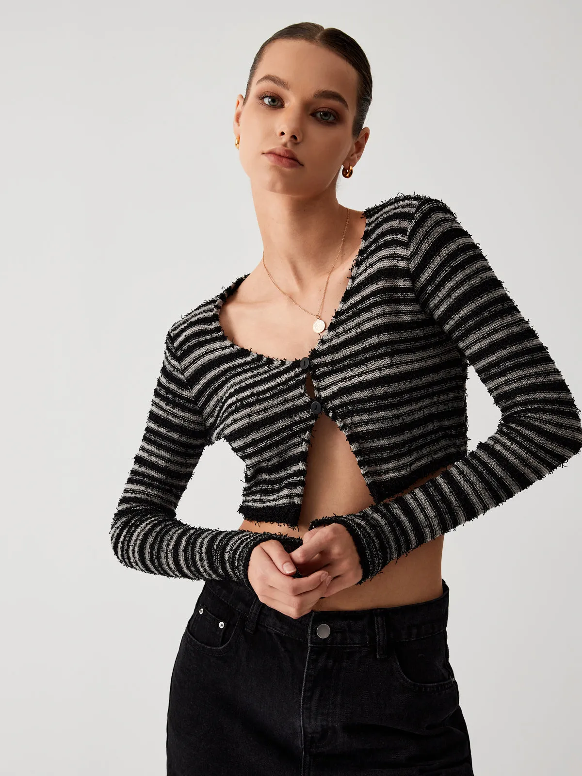 Stripe Fuzzy Fly Trendy Away Crop Cardigan