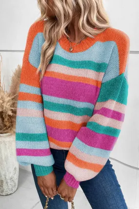 Striped Knit Puff Sleeve Sweater